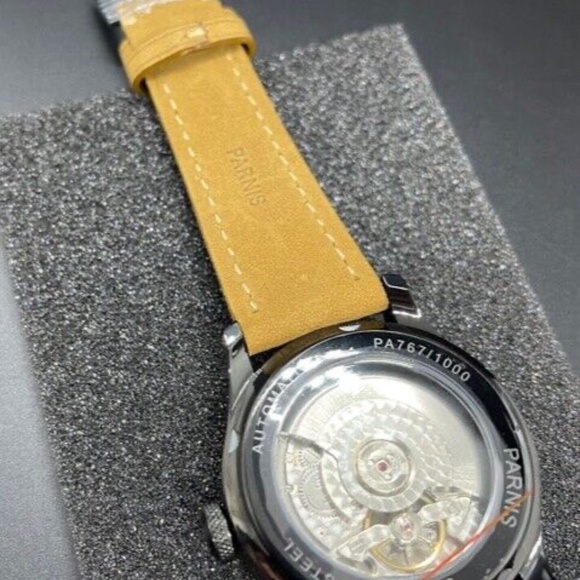 PARNIS 43mm White Dial Power Reserve Black PVD Coating Leather Automatic Watch - Picture 7 of 10